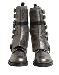 Dolce & Gabbana Metallic Silver Combat Biker Mid Calf Boots Men's Shoes