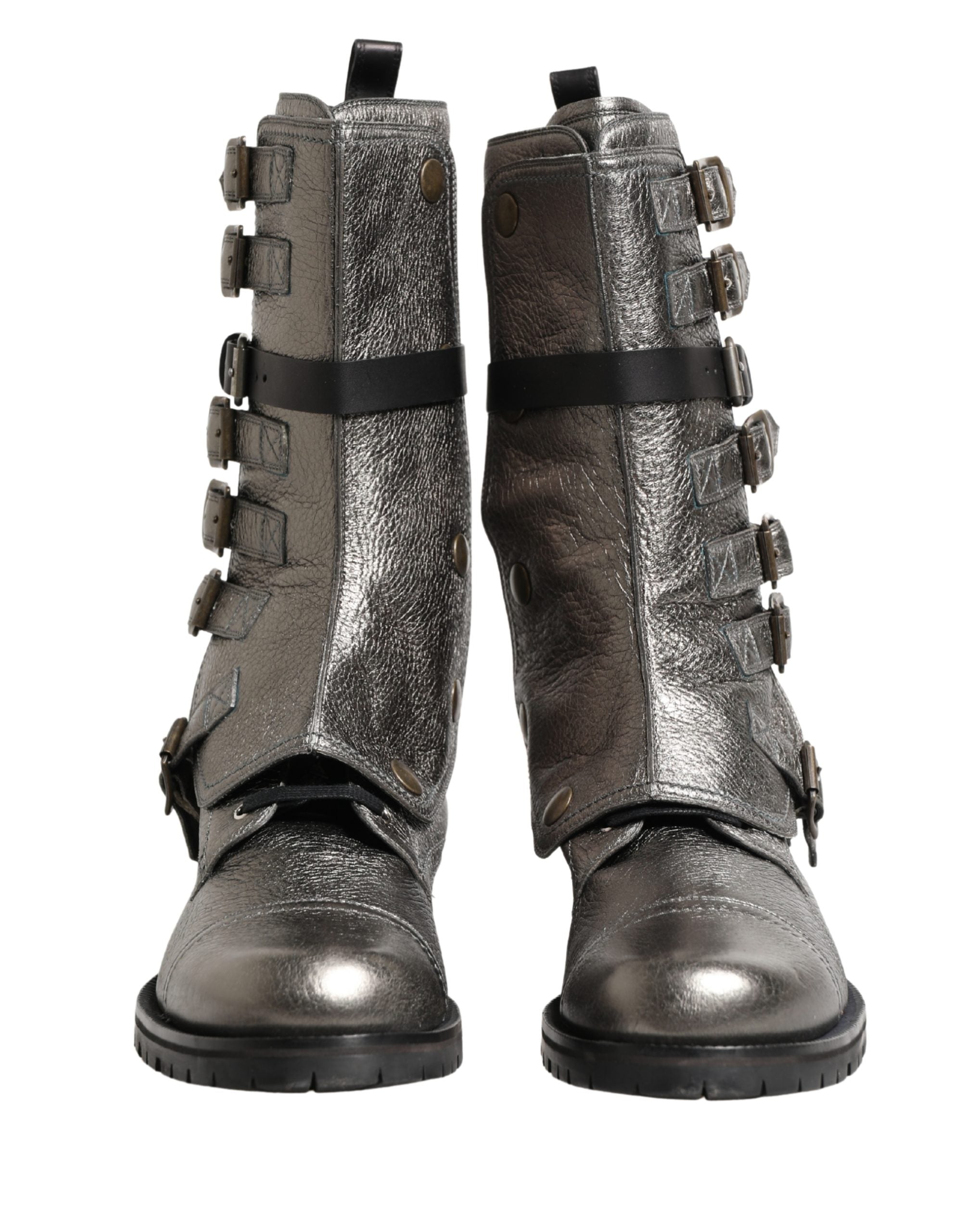 Dolce & Gabbana Metallic Silver Combat Biker Mid Calf Boots Men's Shoes