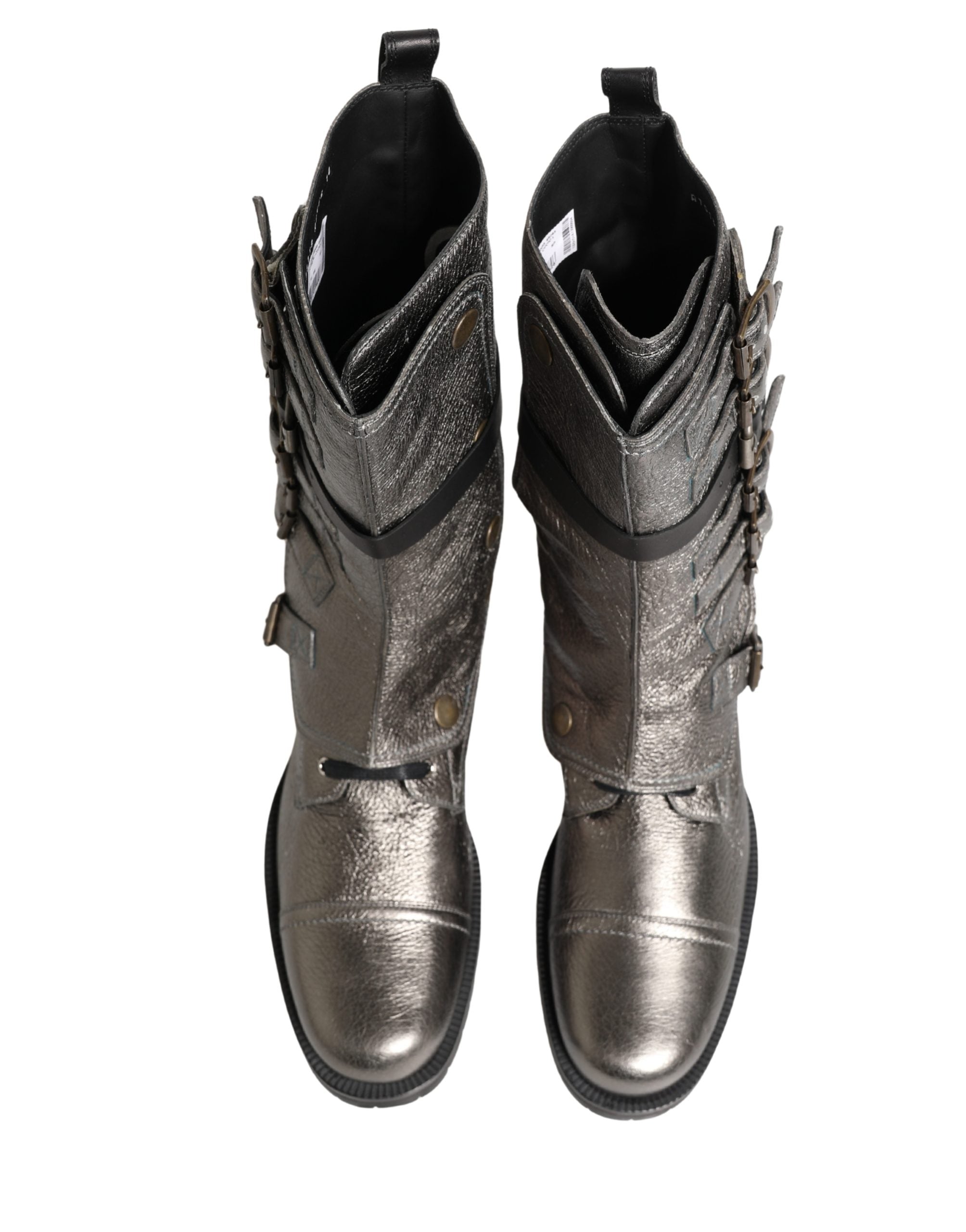 Dolce & Gabbana Metallic Silver Combat Biker Mid Calf Boots Men's Shoes
