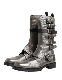 Dolce & Gabbana Metallic Silver Combat Biker Mid Calf Boots Men's Shoes