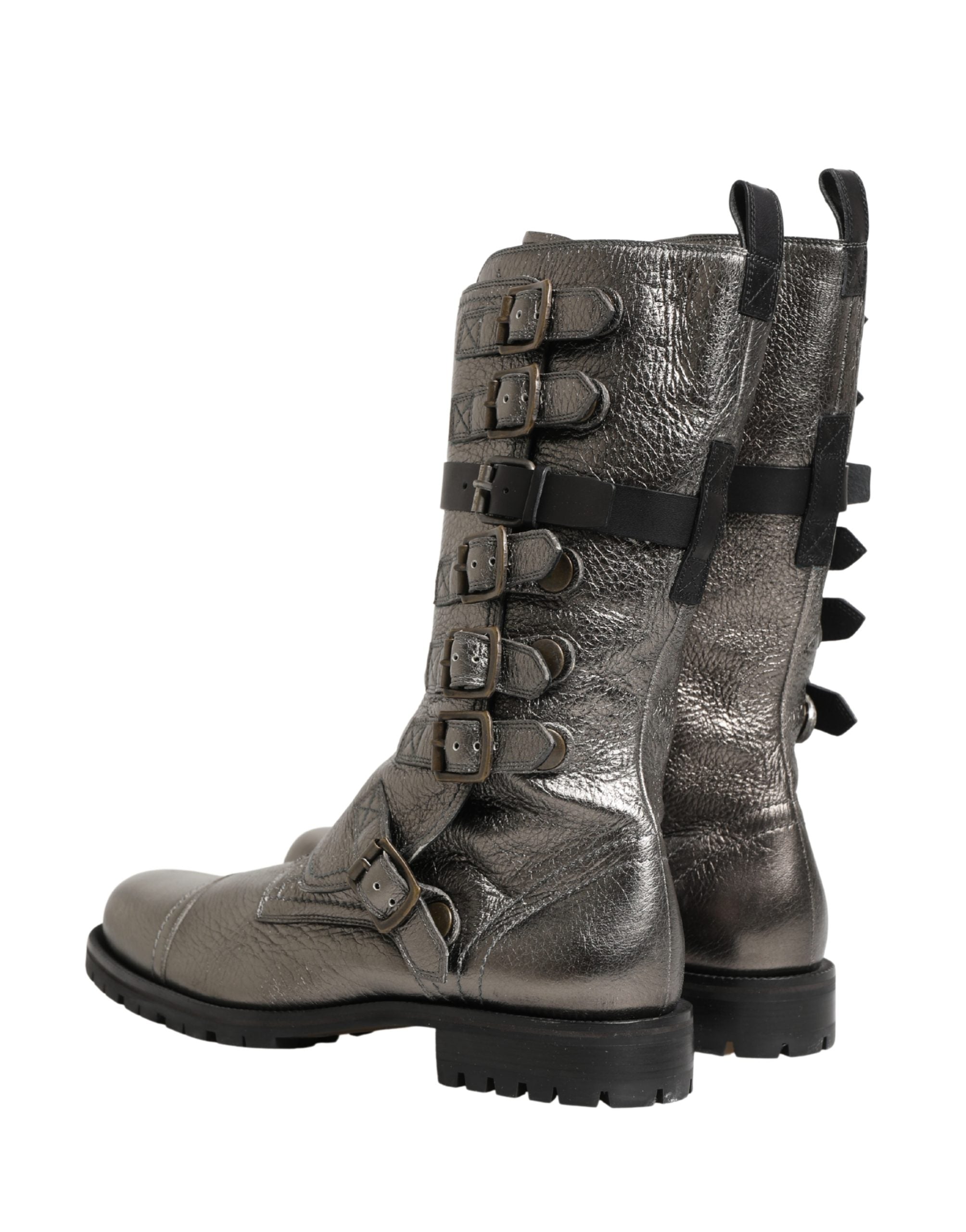 Dolce & Gabbana Metallic Silver Combat Biker Mid Calf Boots Men's Shoes