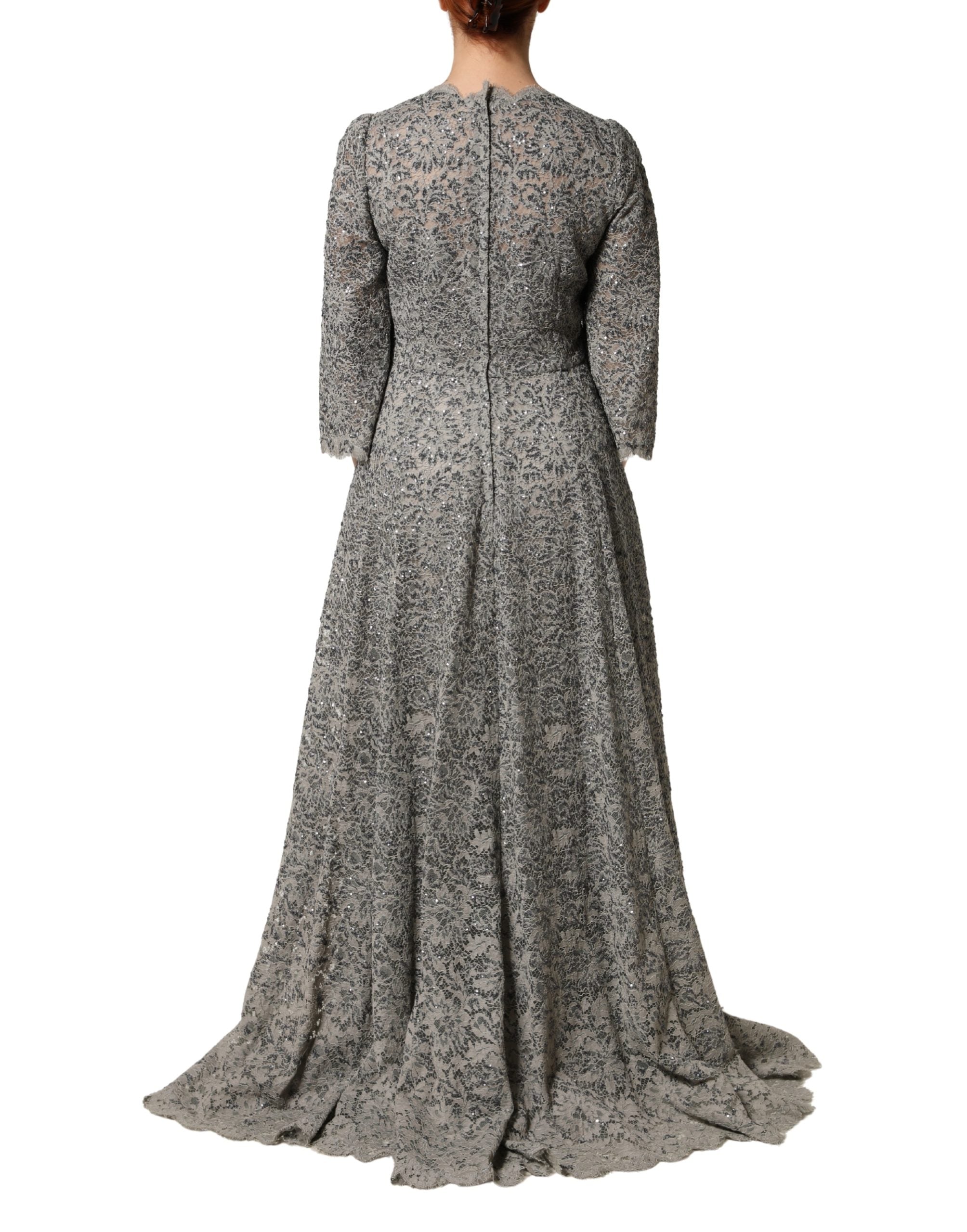 dolce and gabbana evening dresses Dolce & Gabbana Gray Lace Long Sleeves Cotton Maxi Women's Dress