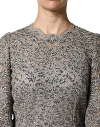 Dolce & Gabbana Gray Lace Long Sleeves Cotton Maxi Women's Dress
