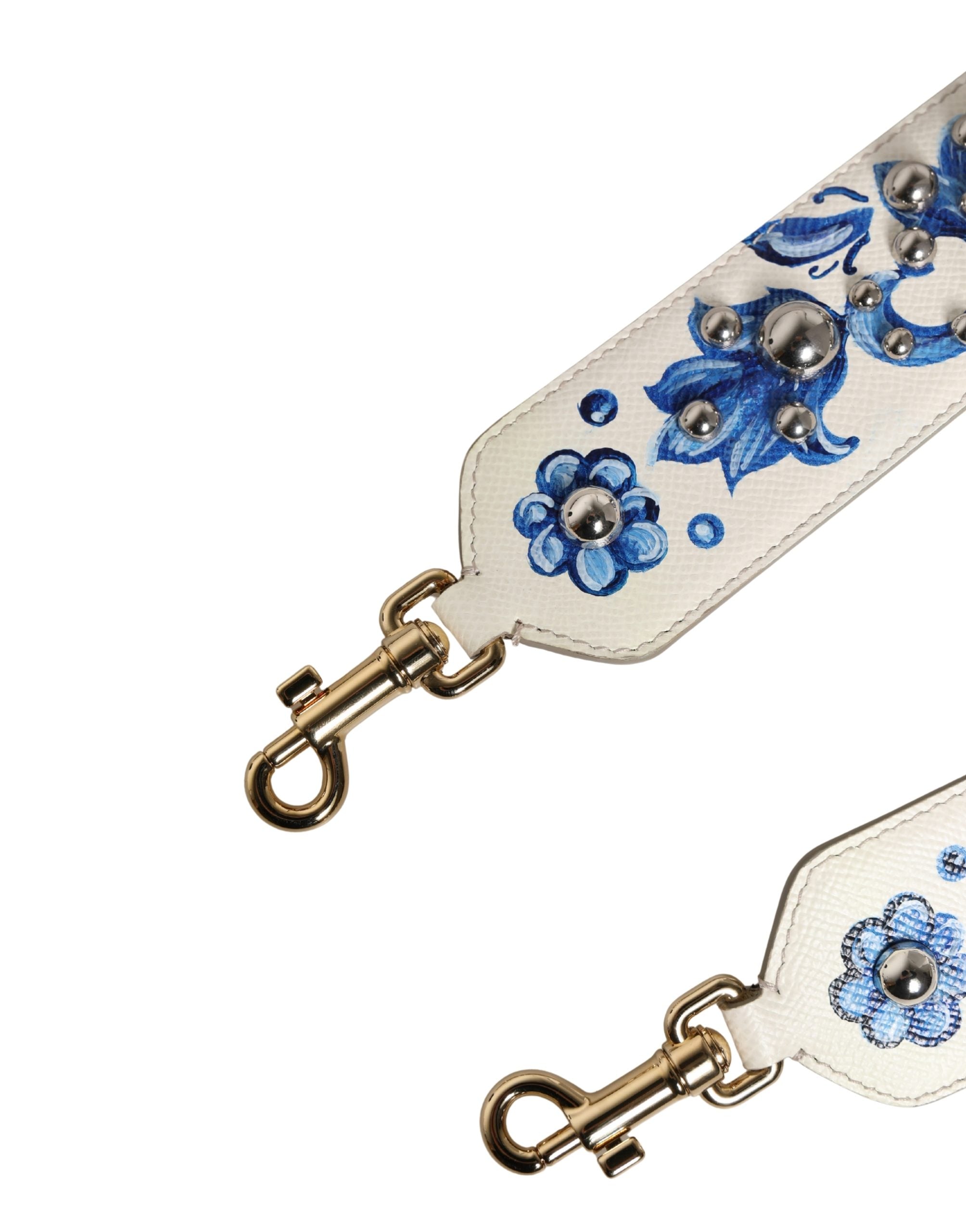 Dolce & Gabbana Dolce & Gabbana White Blue Floral Leather Stud Accessory Shoulder Women's Strap