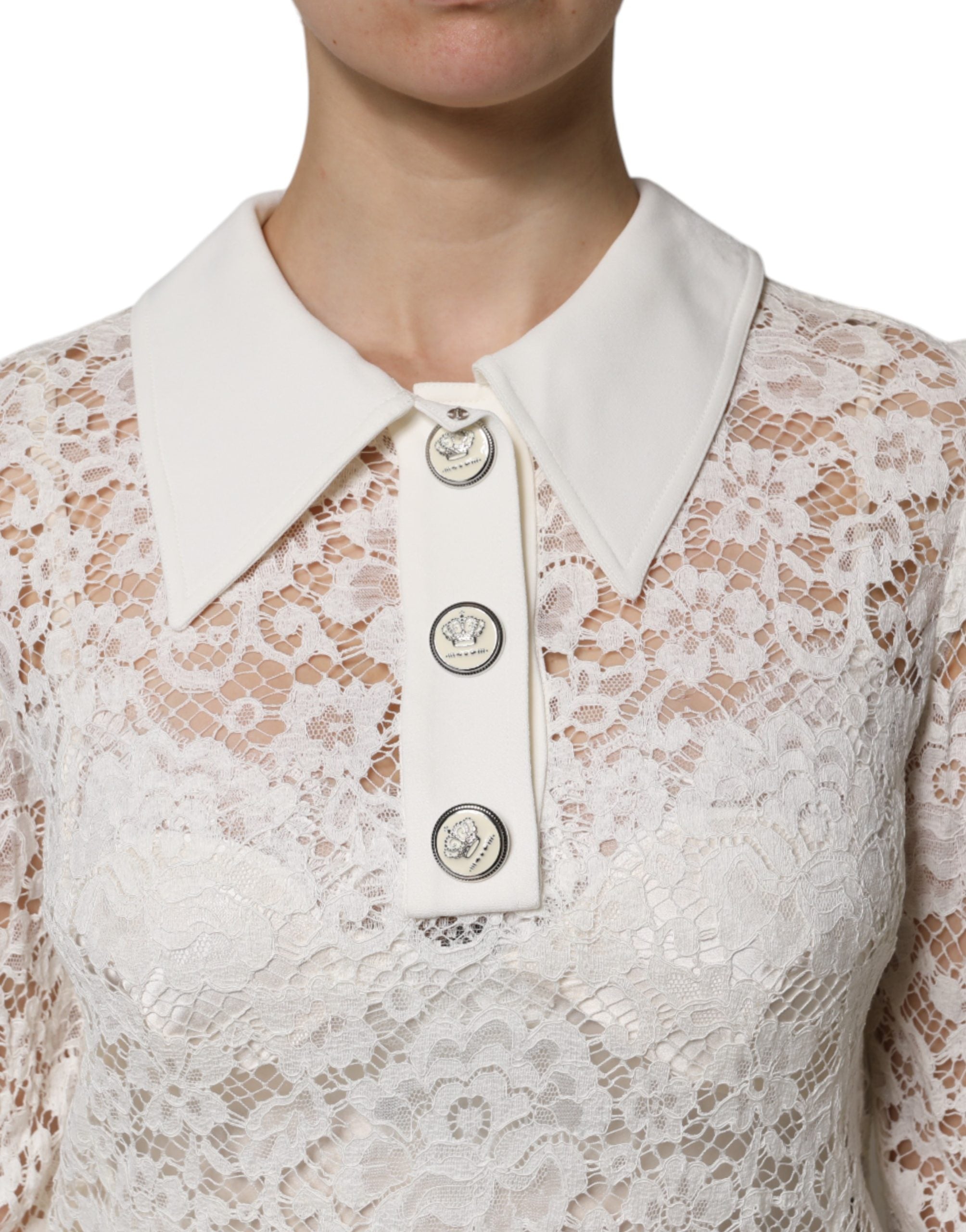 Dolce & Gabbana White Floral Lace Viscose Collared Mini Women's Dress