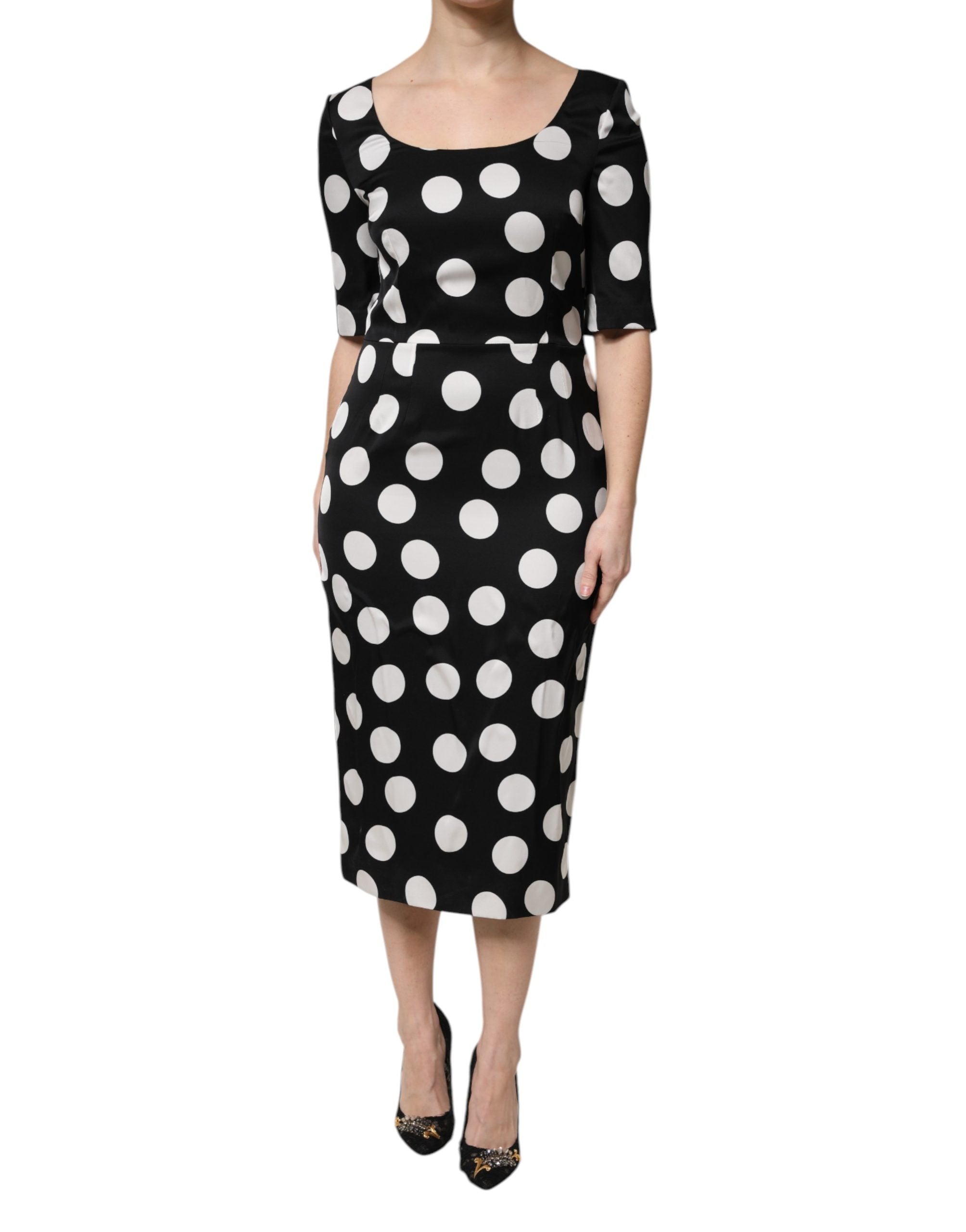 Dolce & Gabbana Black White Polka Dot Silk Sheath Midi Women's Dress