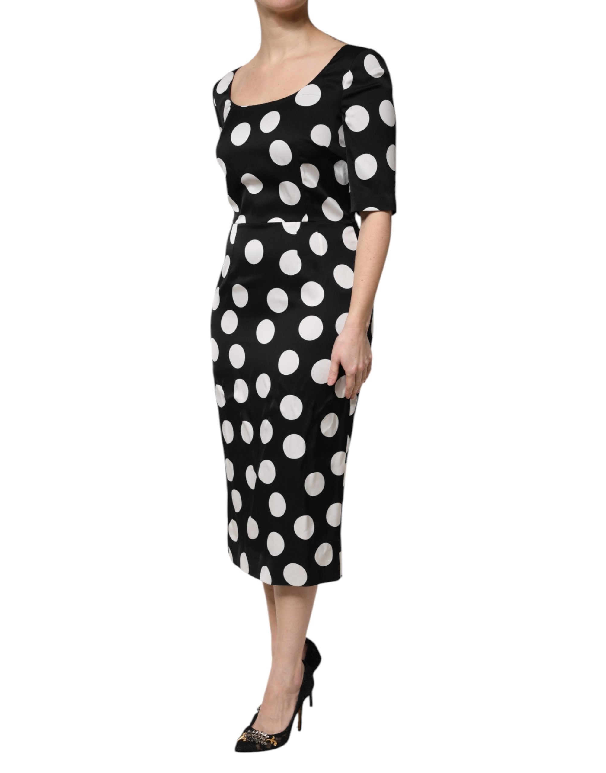 Dolce & Gabbana Black White Polka Dot Silk Sheath Midi Women's Dress