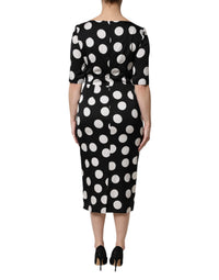 Dolce & Gabbana Black White Polka Dot Silk Sheath Midi Women's Dress