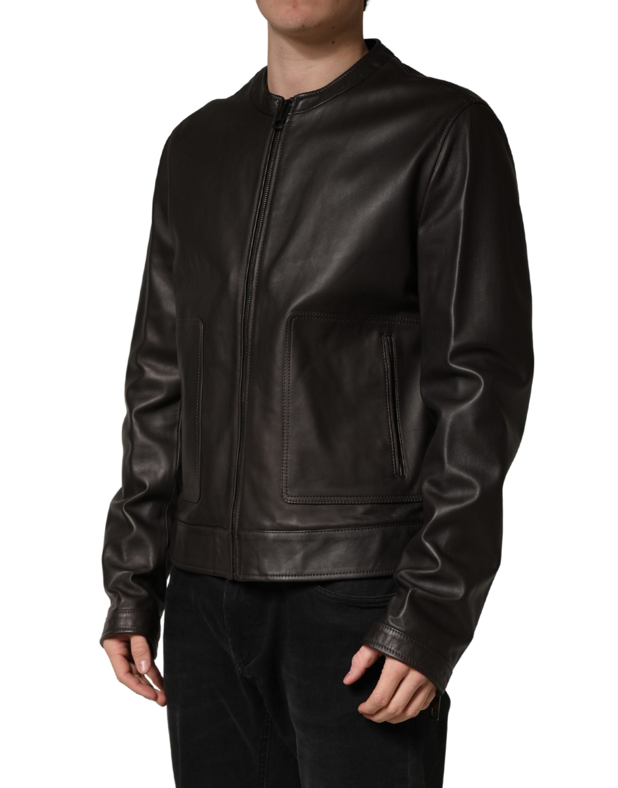 Dolce & Gabbana Black LambskinLeather Full Zip Biker Men's Jacket