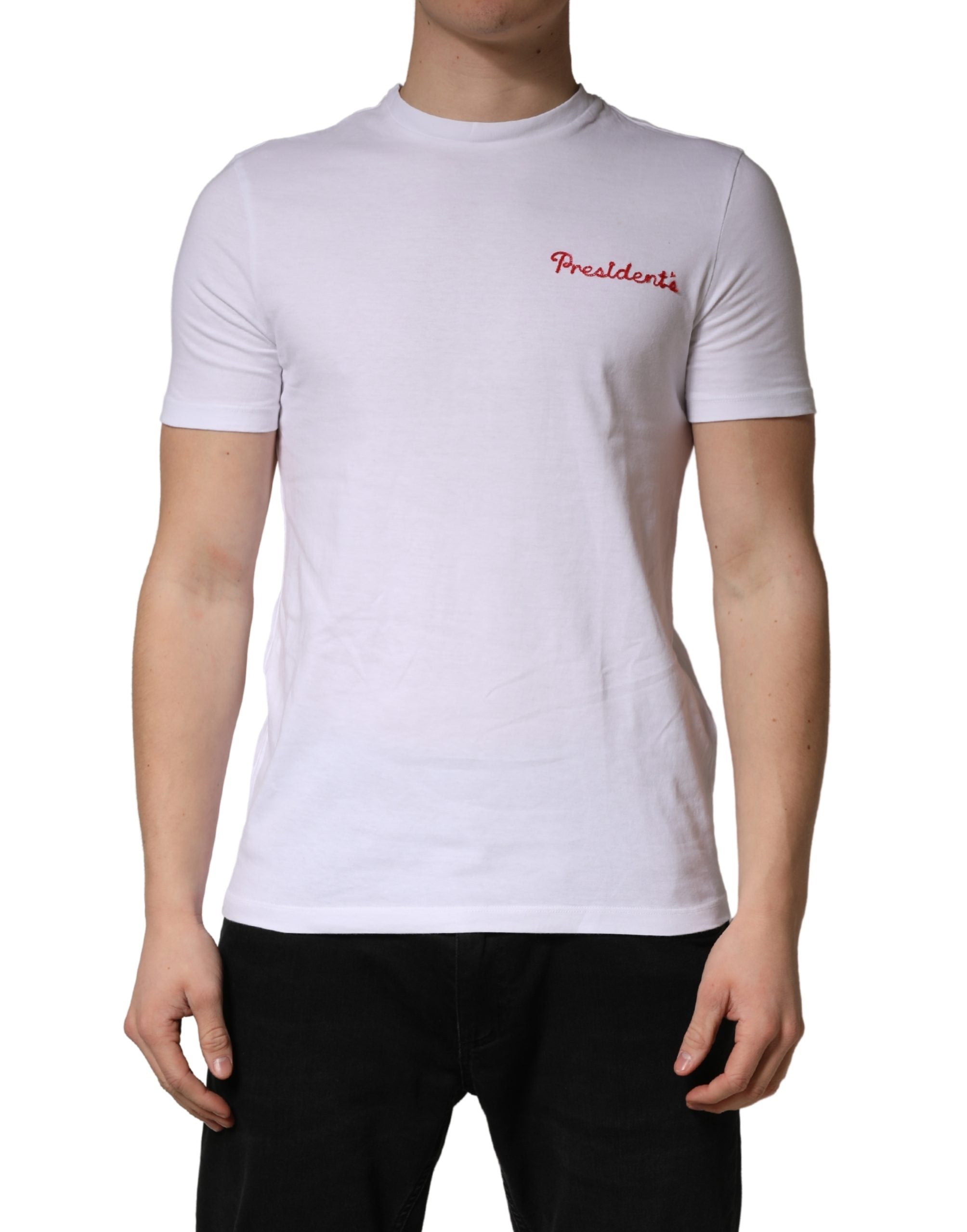President's White Logo Embroidery Cotton Men Crew Neck Men's T-shirt