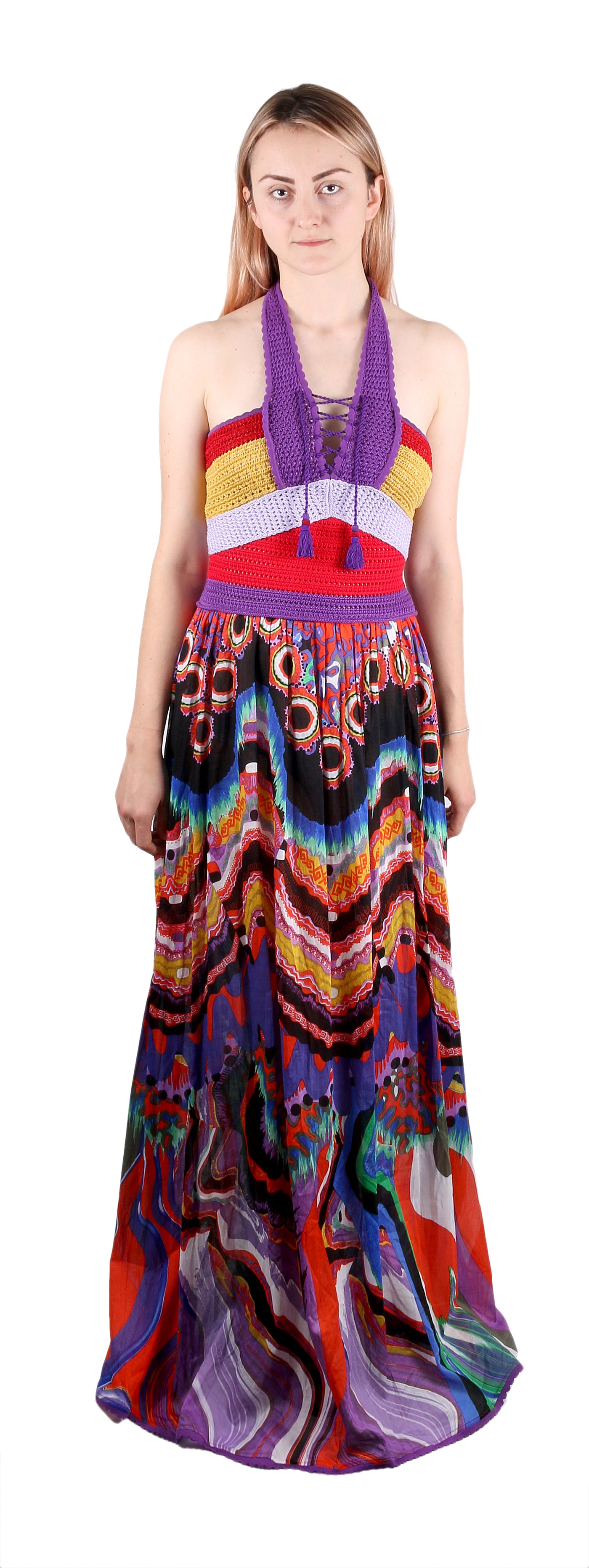 Roberto Cavalli Bohemian Multicolor Halter Maxi Dress Lace Up Front