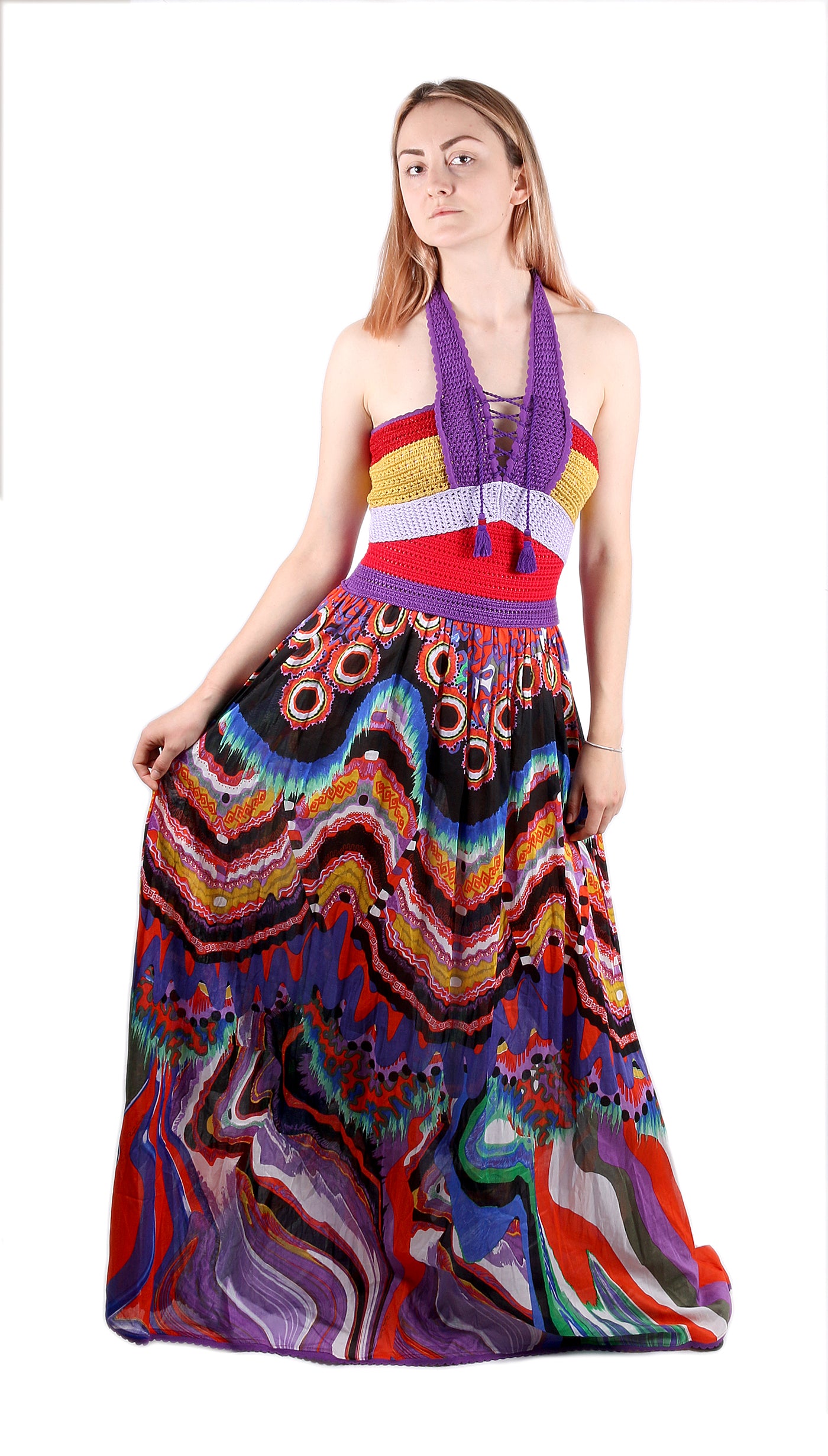 multicolor halter maxi dress Roberto Cavalli Bohemian Multicolor Halter Maxi Dress Lace Up Front –  Bluefly