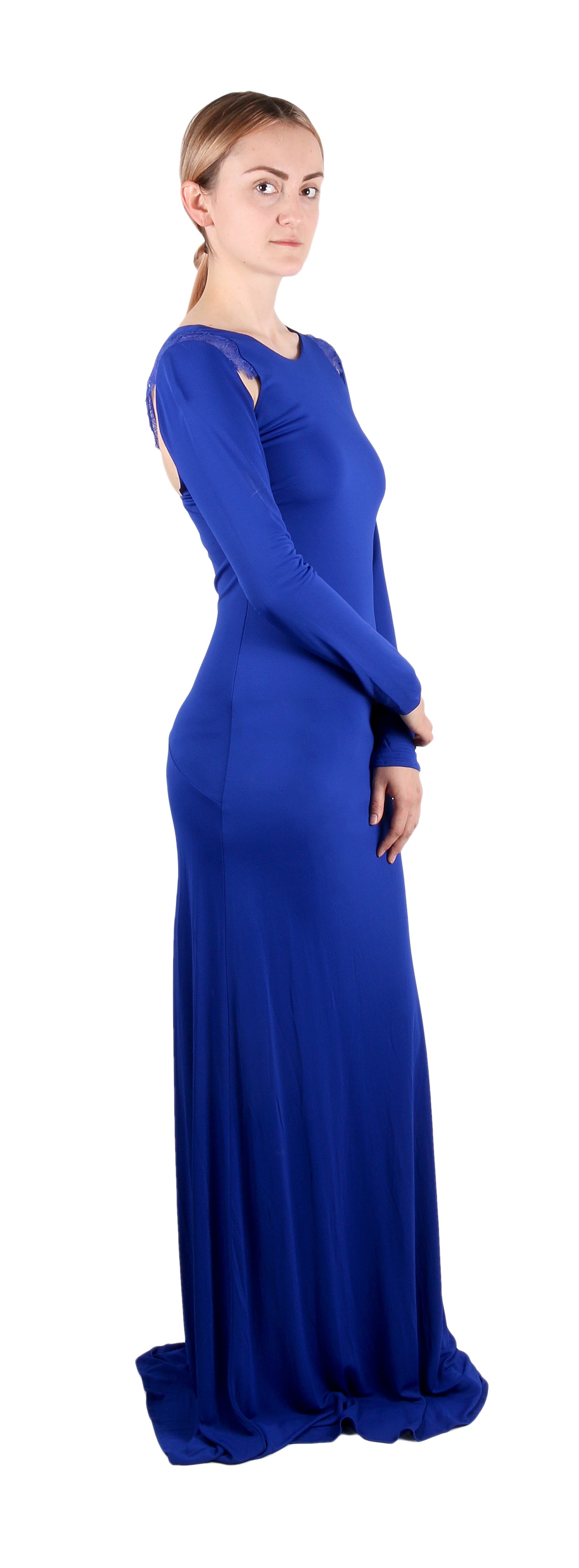 Roberto Cavalli Royal Blue Fitted Maxi Dress Lace Shoulder Insert