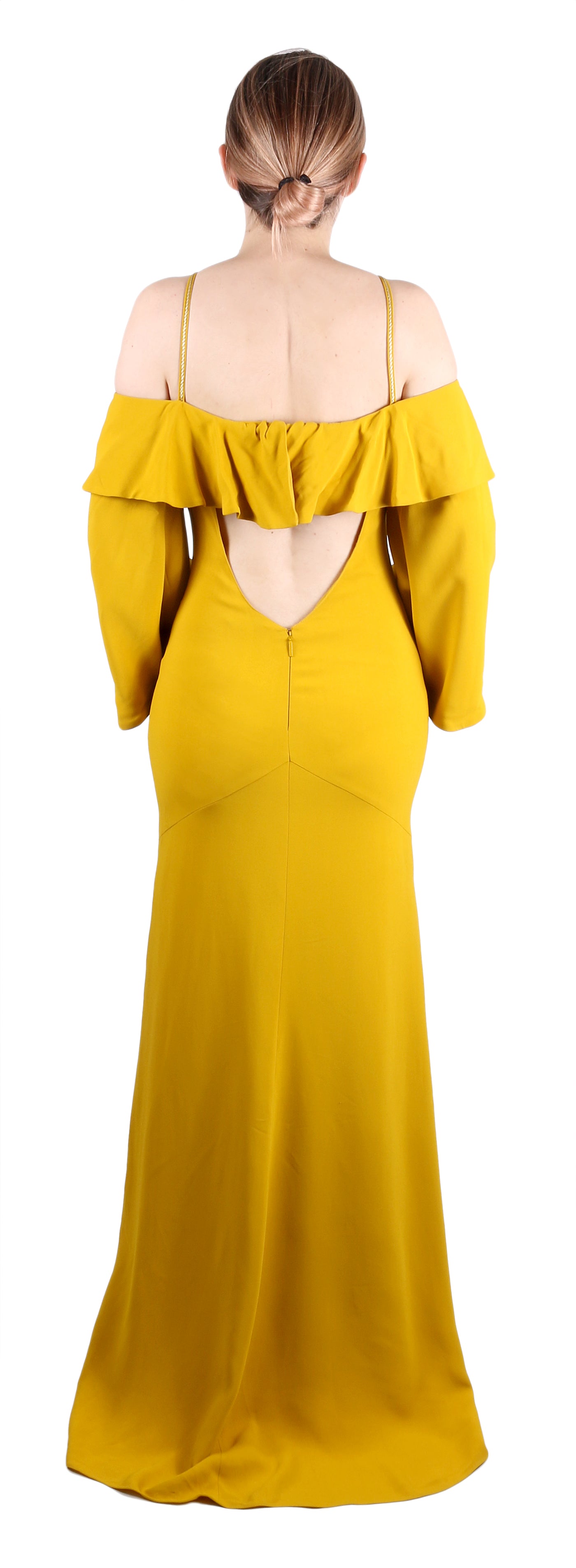off the shoulder maxi dress yellow Roberto Cavalli, Off-The-Shoulder Crêpe Dress, US 6, Gold, Women