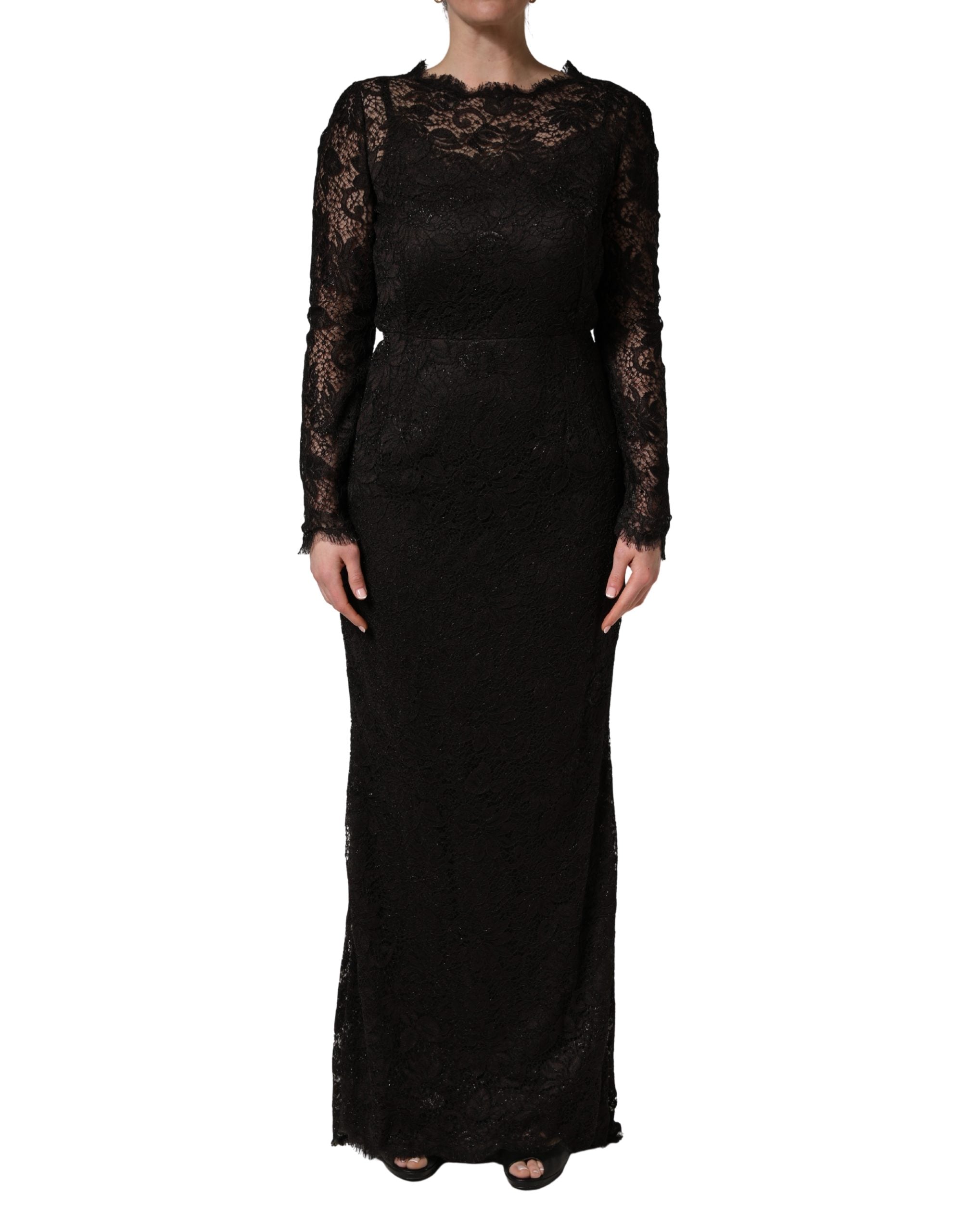 Dolce & Gabbana Black Floral Lace Sheath Long Maxi Women's Dress
