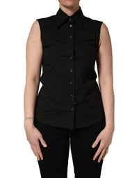 Dolce & Gabbana Black Cotton Sleeveless Collared Blouse Women's Top