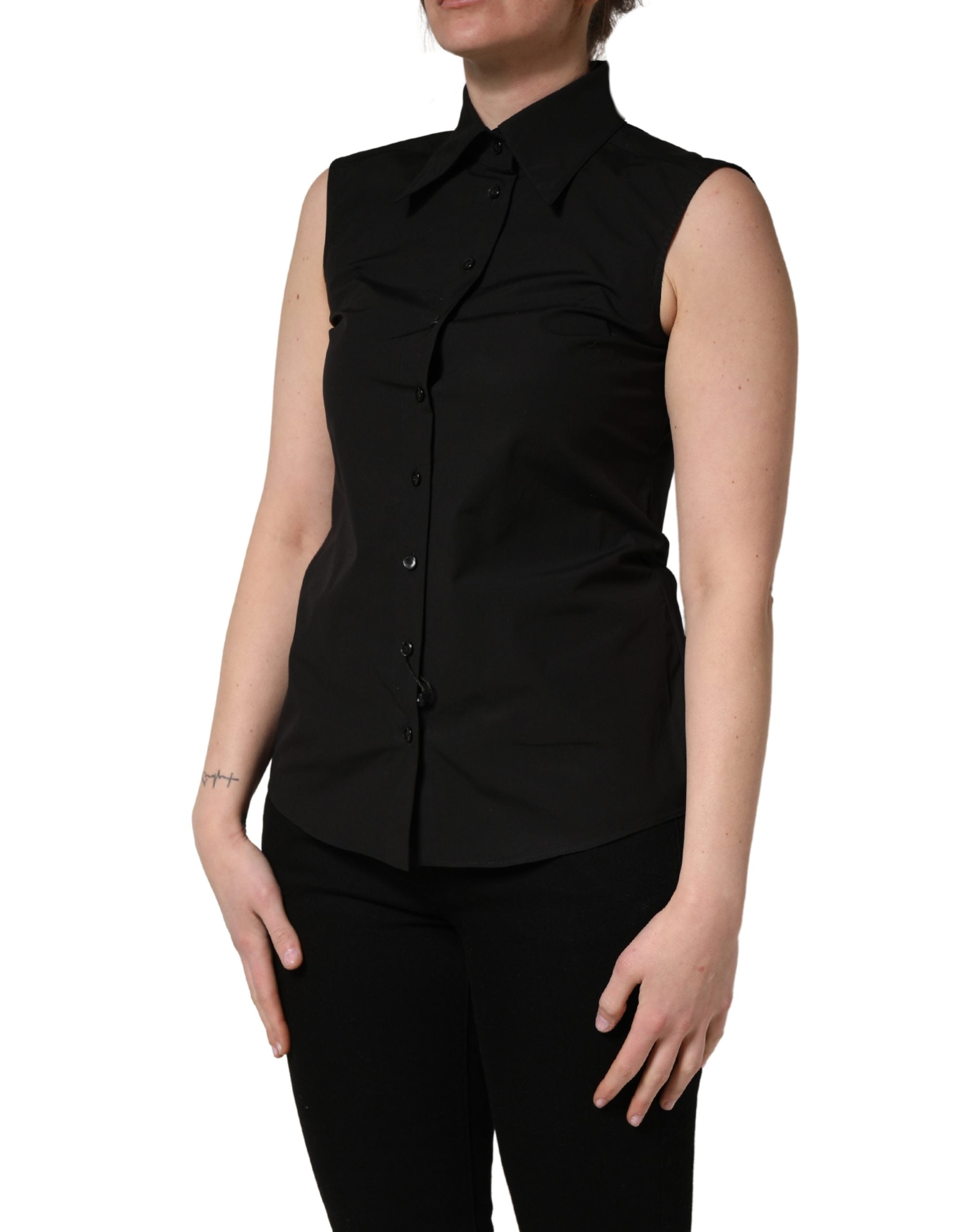 Dolce & Gabbana Black Cotton Sleeveless Collared Blouse Women's Top
