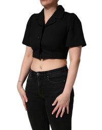 Dolce & Gabbana Black Collared Short Sleeves Cropped Blouse Women's Top