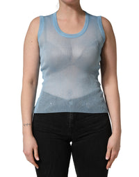 Dolce & Gabbana Blue Semi Sheer Ribbed Sleeveless Tank Women's Top