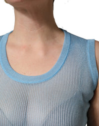 Dolce & Gabbana Blue Semi Sheer Ribbed Sleeveless Tank Women's Top