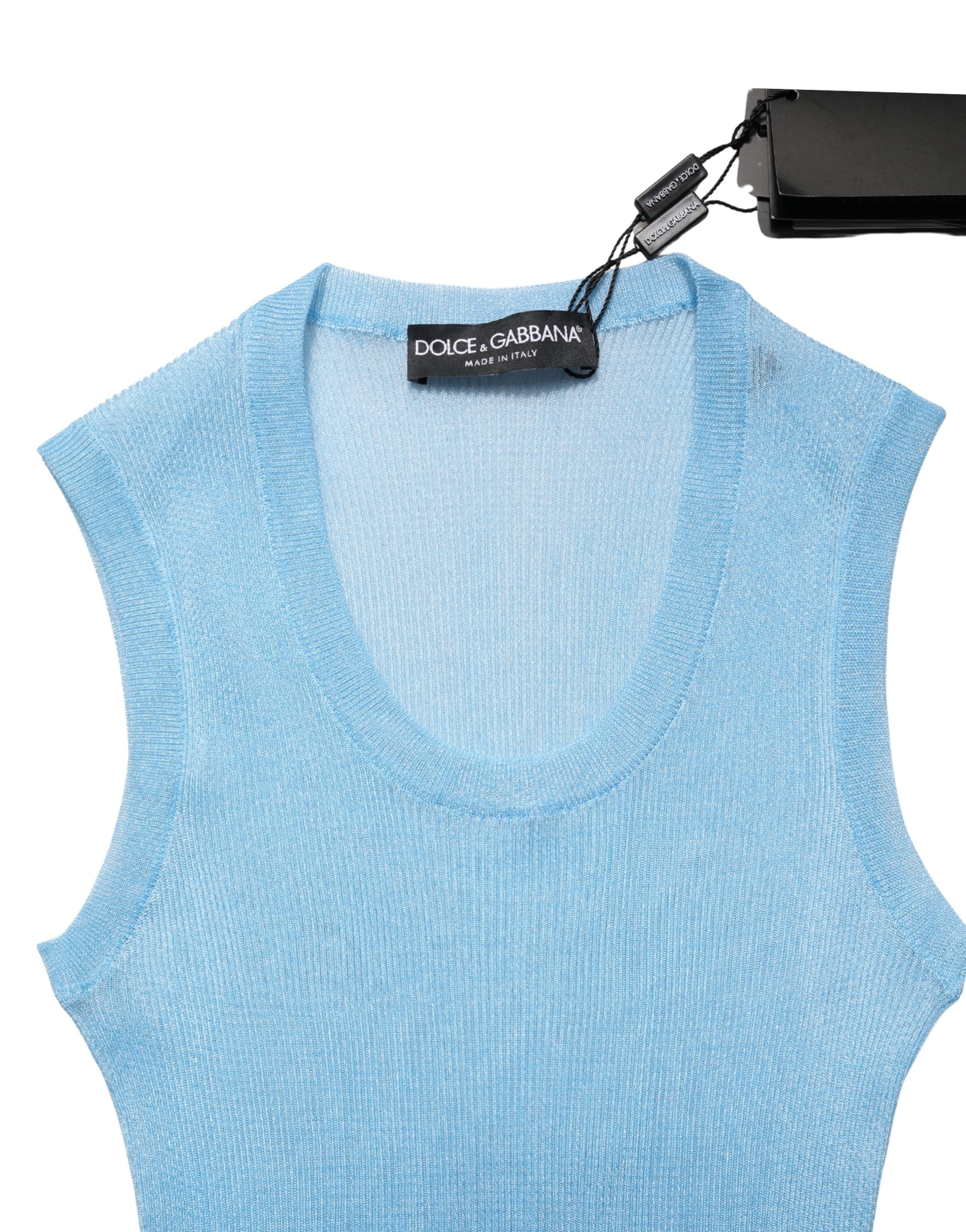 Dolce & Gabbana Blue Semi Sheer Ribbed Sleeveless Tank Women's Top