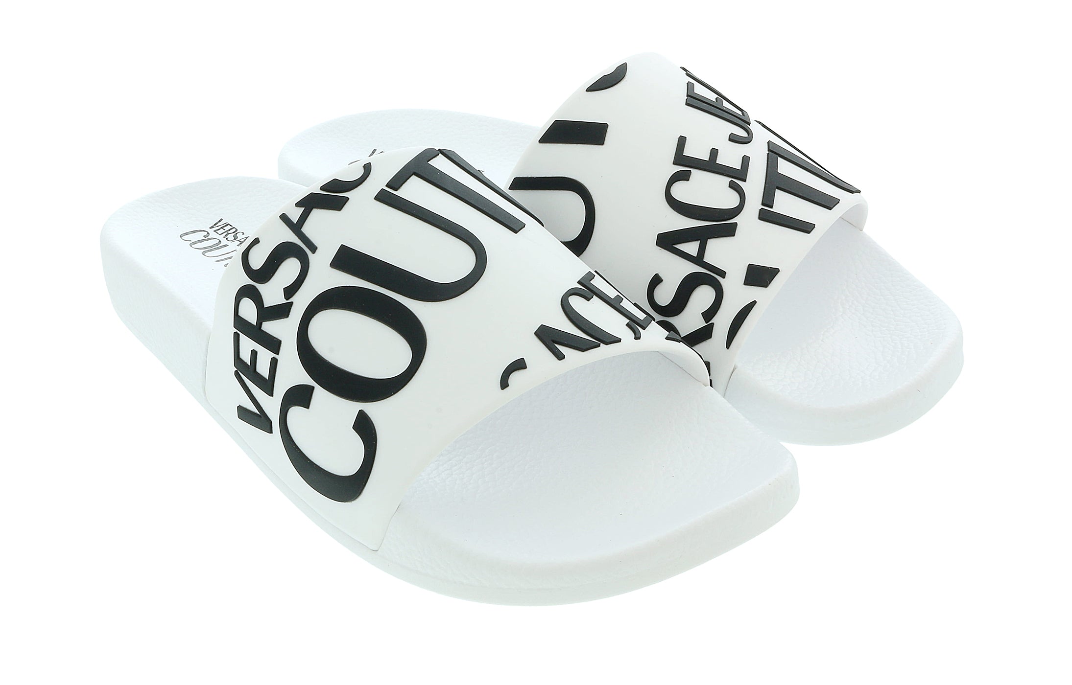 Versace Jeans Couture White Logo Print Slide Sandals