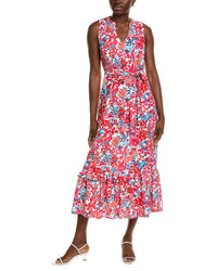 Jones New York Smocked Yoke Tiered Linen-Blend Maxi Dress