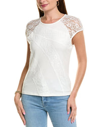 Nicole Miller Womens Lace Trim T-Shirt, S, White