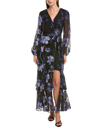 hutch wrap dress "Whitlee" Floral 11004 Collared short sleeve wrap dress Fully functional self tie closure High low hem Surplice bodice Fabric Samara Ruffle Midi Wrap Dress