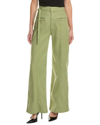 Hudson Jeans Tie Waist Pintucked Linen-Blend Sage Trouser