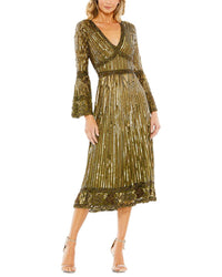 Mac Duggal Embellished 3/4 Sleeve V Neck A Line Dress