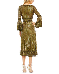 Mac Duggal Embellished 3/4 Sleeve V Neck A Line Dress