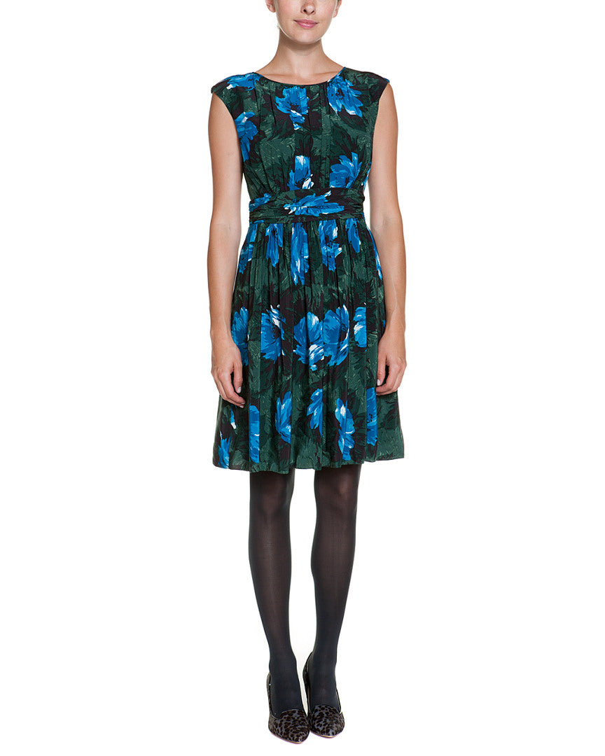 Boden Selina Green Floral Print Ruched Midi Dress Petite 8 (M) Green