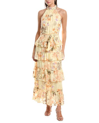 Anne Klein Tiered Halter Ruffle Chiffon Floral Maxi Dress