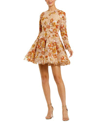 Mac Duggal High Neck Long Sleeve Sequin A-Line Mini Dress