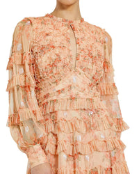 Mac Duggal Floral Mesh Long Sleeve Ruffle Mini Dress