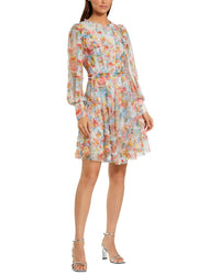 Mac Duggal Floral Mesh Ruffle High Neck Mini Dress