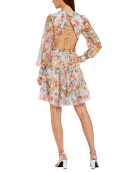 Mac Duggal Floral Mesh Ruffle High Neck Mini Dress