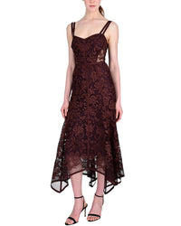 Marchesa Notte Ribbon Strap Corded Lace Handkerchief Hem Midi Dress