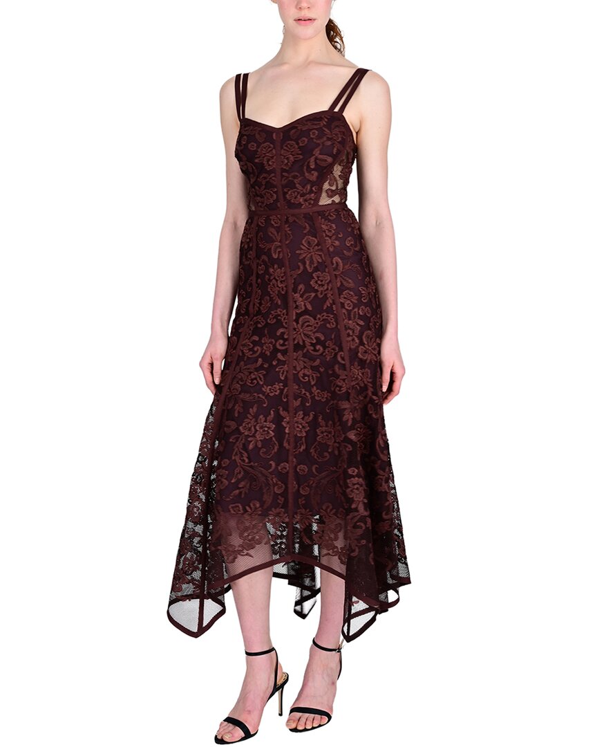 Marchesa Notte Ribbon Strap Corded Lace Handkerchief Hem Midi Dress
