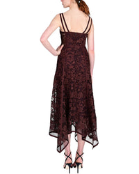Marchesa Notte Ribbon Strap Corded Lace Handkerchief Hem Midi Dress