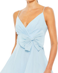 Mac Duggal Faux Wrap Bow Waist Sleeveless Flowy Mini Dress