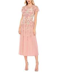 Mac Duggal Embellished High Neck Flutter Sleeve Midi Dress