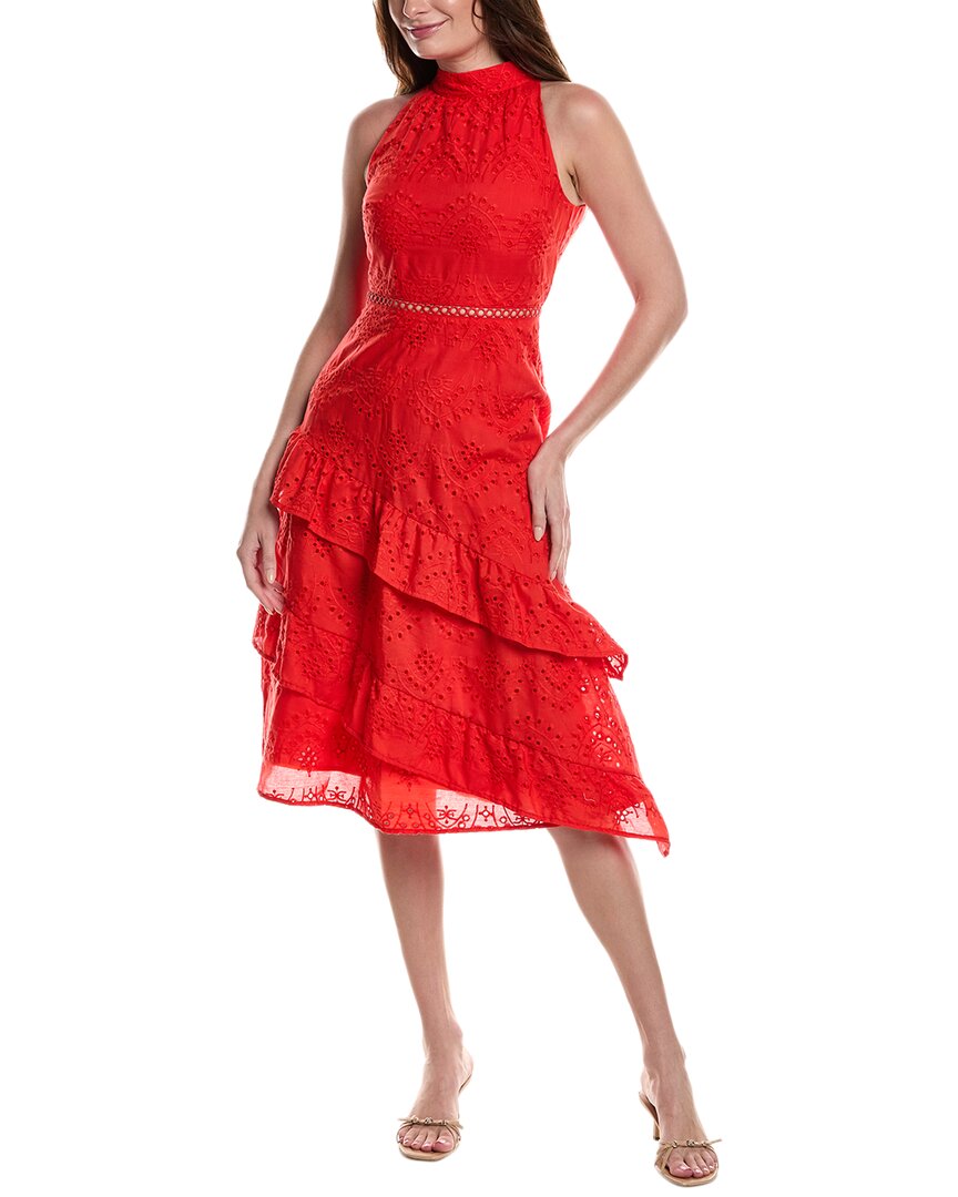 Sam Edelman High Neck Eyelet Midi Dress Red