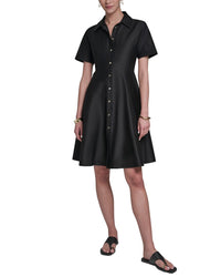 Halston Halston Short Sleeve Button-Up Sateen Shirtdress