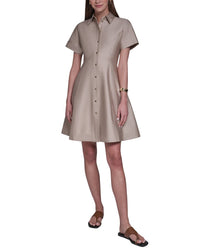 Halston Halston Short Sleeve Button-Up Sateen Shirtdress
