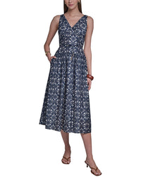 Halston Halston Sleeveless V-Neck Printed Linen-Blend Sundress