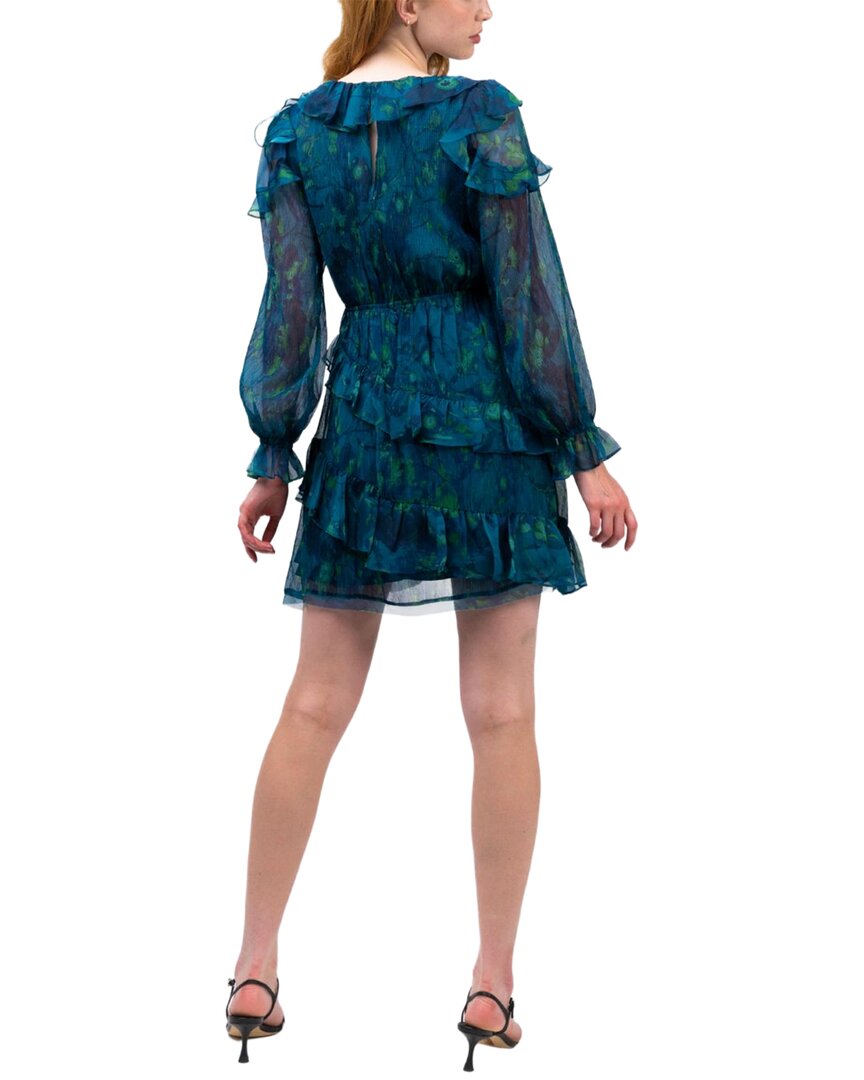 Marchesa Notte Pleated Long Sleeve Chiffon Mini Dress