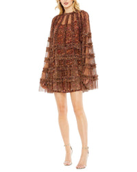 Mac Duggal Mac Duggal Floral Print Long Flare Sleeve Mesh A-Line Dress