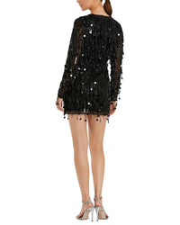 Mac Duggal Long Sleeve V-Neck Beaded Fringe Mini Dress